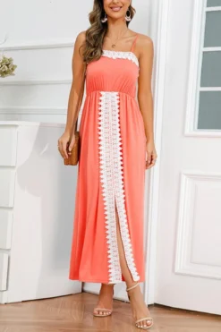 Stylish Plus Size 4 Colors Stretch Lace Spliced Sling Slit Maxi Dress Wholesale Plus-Size Dresses