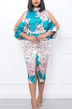 Casual Plus Size Slight Stretch Flower Batch Printing Hollow Slit Midi Dress Wholesale Cut Out Dresses