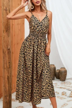 Stylish Plus Size Leopard Printing Non-stretch Sling Midi Dress Wholesale Plus-Size Dresses