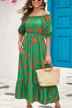 Stylish Plus Size Non-stretch Off-shoulder Batch Printing Midi Dress Wholesale