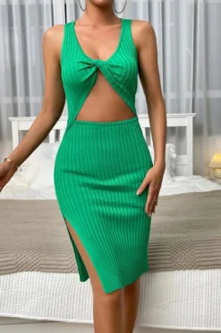 Sexy Solid Color Stretch Hollow Knitted Kinked Slit Slim Midi Dress Wholesale -Plus-Size Dresses Sales Store AA014009 3