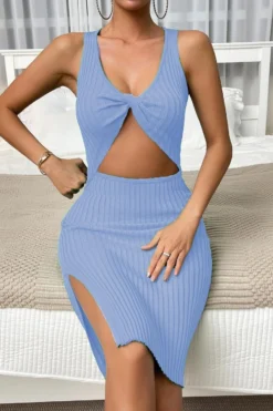Sexy Solid Color Stretch Hollow Knitted Kinked Slit Slim Midi Dress Wholesale -Plus-Size Dresses Sales Store AA014009 8
