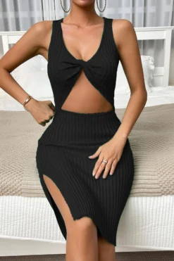 Sexy Solid Color Stretch Hollow Knitted Kinked Slit Slim Midi Dress Wholesale -Plus-Size Dresses Sales Store AA014009 9