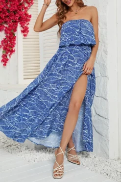 Bohemian Non-stretch Batch Printing Tube Design Ruffle High Split Maxi Dress Wholesale -Plus-Size Dresses Sales Store AA014320 3