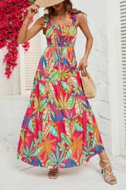 Bohemian Non-stretch Leaf Batch Printing Tie-shoulder Maxi Dress Wholesale