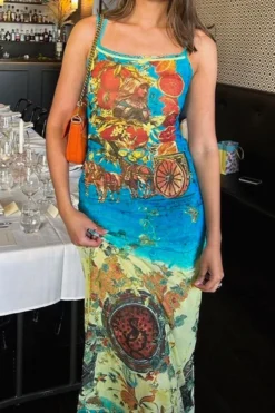Sexy Slight stretch Retro Printing Double Strap Maxi Dress Wholesale