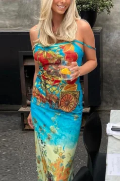 Sexy Slight stretch Retro Printing Double Strap Maxi Dress Wholesale -Plus-Size Dresses Sales Store AA014478 3