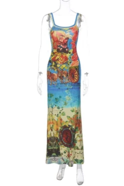 Sexy Slight stretch Retro Printing Double Strap Maxi Dress Wholesale -Plus-Size Dresses Sales Store AA014478 4