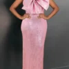 Sexy Plus Size Slight Stretch Sequin Bow-knot Decor One Shoulder Maxi Dress Wholesale