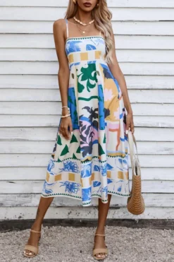 Casual Non-stretch Sling Printing Pleated Midi Dress Wholesale