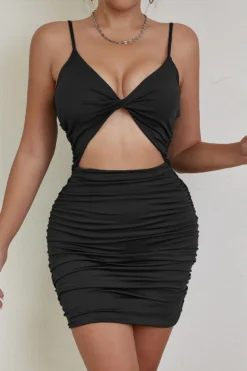 XS-L Sexy Slight Stretch 3 Colors Hollow Ruched Bodycon Mini Dress Wholesale Cut Out Dresses