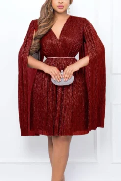 Sexy Plus Size Slight Stretch V-neck With Belt Midi Dress Wholesale -Plus-Size Dresses Sales Store AA016201 3