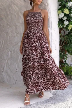 Casual Slight stretch Sling Shirring Leopard Batch Printing Maxi Dress Wholesale -Plus-Size Dresses Sales Store AA016722 3