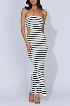 Sexy Slight Stretch Stripe Knitted Tube Design Hollow Slit Maxi Dress Wholesale