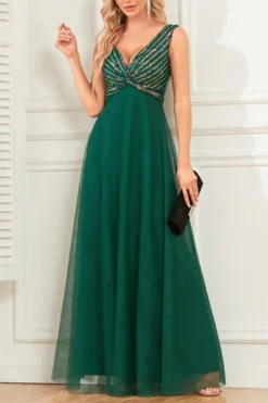 Elegant Non-stretch Striped Sequin Patchwork Zip-up Maxi Evening Dress Wholesale Elegant&OL Dresses