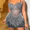 Sexy Plus Size Slight stretch Sling Slim Rhinestone Tassel Mini Dress Wholesale Tank & Cami Dresses