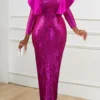 Sexy Plus Size Slight Stretch Ruffle Decor V-neck Sequin Slim Maxi Dress Wholesale Plus-Size Dresses