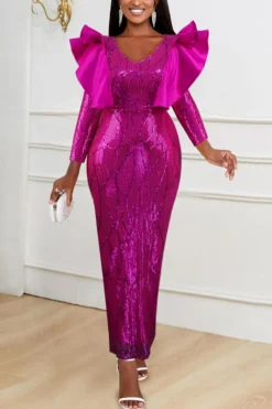 Sexy Plus Size Slight Stretch Ruffle Decor V-neck Sequin Slim Maxi Dress Wholesale Plus-Size Dresses