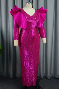 Sexy Plus Size Slight Stretch Ruffle Decor V-neck Sequin Slim Maxi Dress Wholesale Plus-Size Dresses -Plus-Size Dresses Sales Store AA017015 3