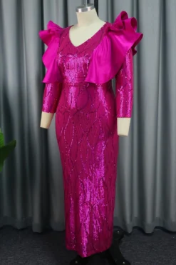Sexy Plus Size Slight Stretch Ruffle Decor V-neck Sequin Slim Maxi Dress Wholesale Plus-Size Dresses -Plus-Size Dresses Sales Store AA017015 4