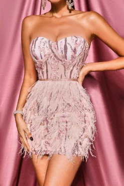 Sexy Non-stretch Strapless Feather Sequins Tight Zip-up Mini Party Evening Dress Wholesale Tank & Cami Dresses