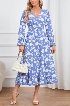 Casual Plus Size Non-stretch Flower Batch Printing With Belt Midi Dress Wholesale Plus-Size Dresses