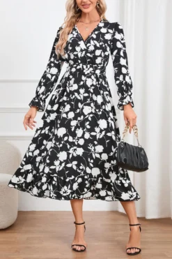 Casual Plus Size Non-stretch Flower Batch Printing With Belt Midi Dress Wholesale Plus-Size Dresses -Plus-Size Dresses Sales Store AA017127 13