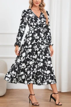 Casual Plus Size Non-stretch Flower Batch Printing With Belt Midi Dress Wholesale Plus-Size Dresses -Plus-Size Dresses Sales Store AA017127 15