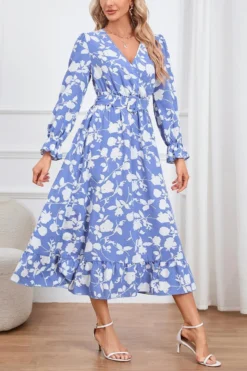 Casual Plus Size Non-stretch Flower Batch Printing With Belt Midi Dress Wholesale Plus-Size Dresses -Plus-Size Dresses Sales Store AA017127 3