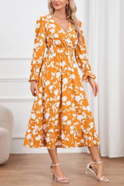 Casual Plus Size Non-stretch Flower Batch Printing With Belt Midi Dress Wholesale Plus-Size Dresses -Plus-Size Dresses Sales Store AA017127 5