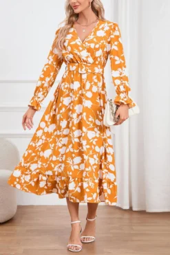 Casual Plus Size Non-stretch Flower Batch Printing With Belt Midi Dress Wholesale Plus-Size Dresses -Plus-Size Dresses Sales Store AA017127 6