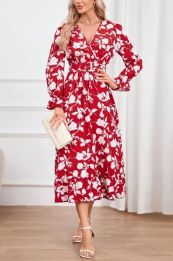 Casual Plus Size Non-stretch Flower Batch Printing With Belt Midi Dress Wholesale Plus-Size Dresses -Plus-Size Dresses Sales Store AA017127 9