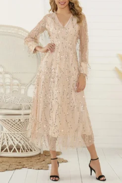 Elegant Plus Size Non-stretch Sequins Tassel V-neck Long Sleeve Midi Dress Wholesale Plus-Size Dresses