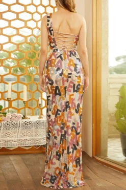 Elegant Slight Stretch Letter Sequin Decor Padded One Shoulder Hollow Maxi Dress Wholesale -Plus-Size Dresses Sales Store AA017692 6