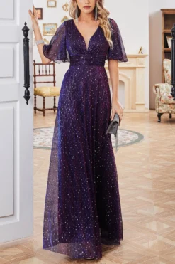 Elegant Slight Stretch Sequin Decor V-neck Short Sleeve Maxi Dress Wholesale Elegant&OL Dresses