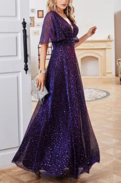 Elegant Slight Stretch Sequin Decor V-neck Short Sleeve Maxi Dress Wholesale -Plus-Size Dresses Sales Store AA017764 3