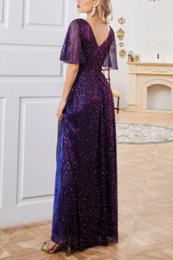 Elegant Slight Stretch Sequin Decor V-neck Short Sleeve Maxi Dress Wholesale -Plus-Size Dresses Sales Store AA017764 5