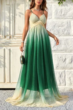 Casual Non-stretch Mesh Sling Gradient Printing Maxi Dress Wholesale