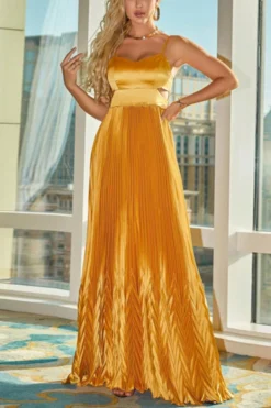 Elegant Slight Stretch Solid Hollow Pleated Maxi Dress Wholesale