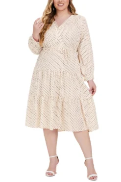 XL-5XL Plus Size Slight Stretch Dot Batch Printing V-neck Casual Midi Dress Wholesale