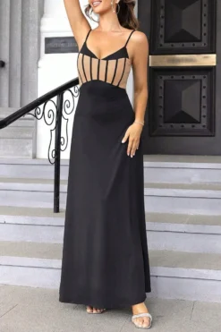 Elegant Non-stretch Contrast Color Sling Backless Maxi Dress Wholesale -Plus-Size Dresses Sales Store AA018730 3