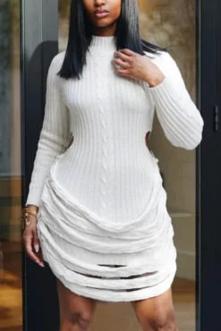 Sexy Slight Stretch Ribbed Knit Solid Color Crew Neck Hollow Mini Dress Wholesale Cut Out Dresses