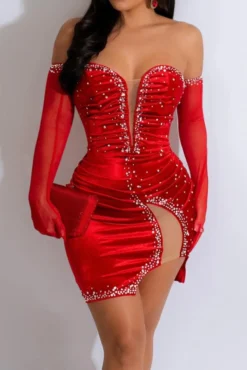 Sexy Plus Size Slight stretch Patchwork Slim Rhinestone Mini Dress(with Gloves) Wholesale Plus-Size Dresses
