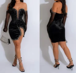 Sexy Plus Size Slight stretch Patchwork Slim Rhinestone Mini Dress(with Gloves) Wholesale Plus-Size Dresses -Plus-Size Dresses Sales Store AA018850 7