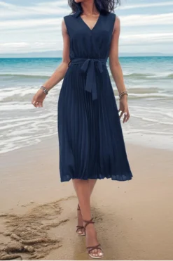 Casual Non-stretch Pure Color V-neck Pleated Midi Dress With Belt Wholesale