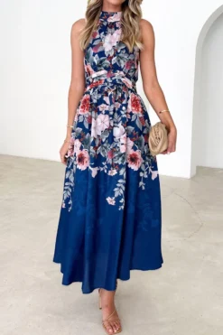 Casual Non-stretch Flower Batch Printing Halter-neck Lace-up Midi Dress Wholesale Tank & Cami Dresses