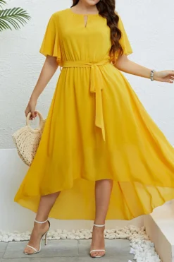 Casual Plus Size Non-stretch Solid Cutout With Belt Midi Dress Wholesale Cut Out Dresses