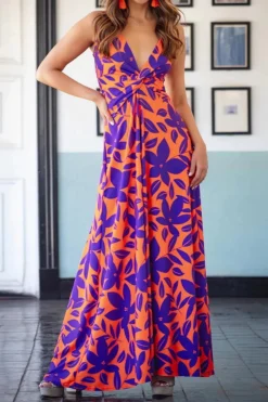 Sexy Plus-size Slight Stretch Contrast Print Sleeveless Suspender Maxi Dress Wholesale Plus-Size Dresses