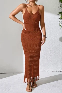Sexy Slight Stretch 4-color Cut-out Fit Tassel Knitted Suspender Midi Dress Wholesale -Plus-Size Dresses Sales Store AA019524 1713840447824 9