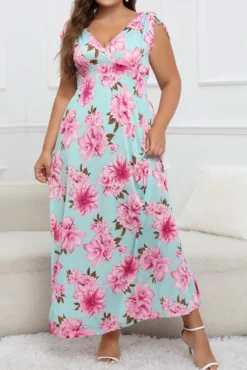 Stylish Plus Size Non-stretch Flower Batch Printing V-neck Maxi Dress#2 Wholesale Casual Dresses